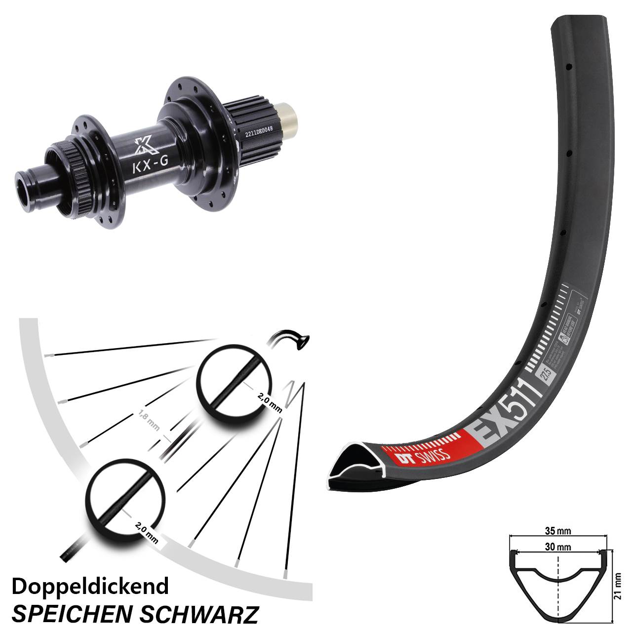Hinterrad Centerlock 12x142 27,5 Zoll DT Swiss EX511 KX-G Micro Spline