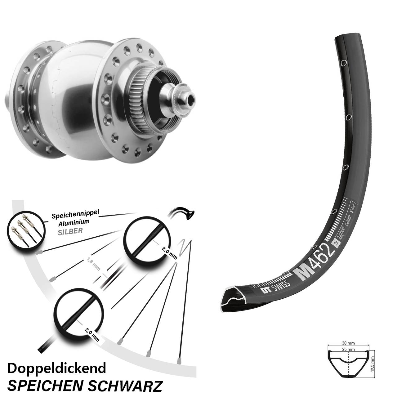 Disc Laufrad mit Nabendynamo für Schnellspanner 27,5 Zoll DT Swiss M 462 SON 28