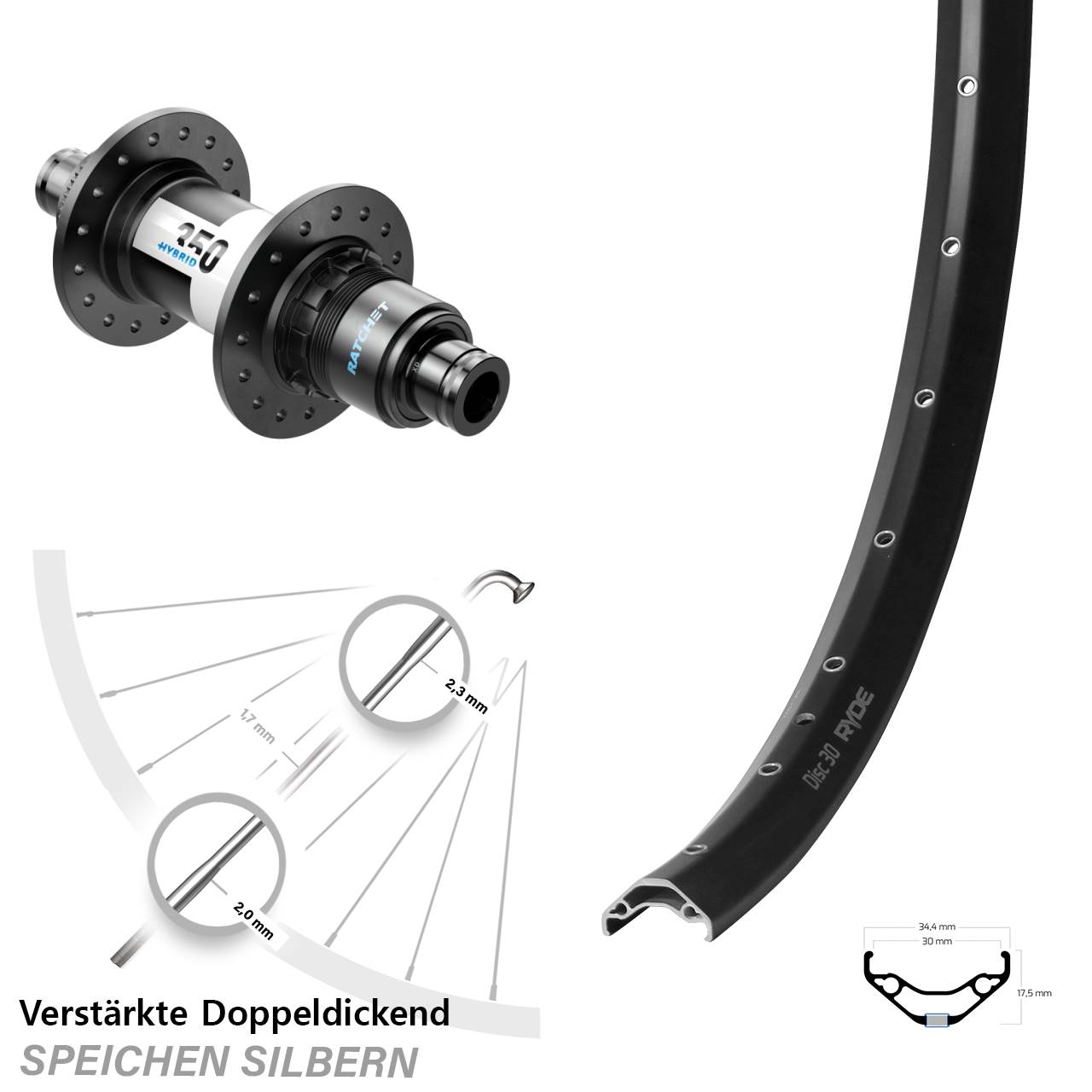 29 Zoll Ryde Disc 30 DT Swiss 350 Hybrid Laufrad 12x148 XD 11-12 fach