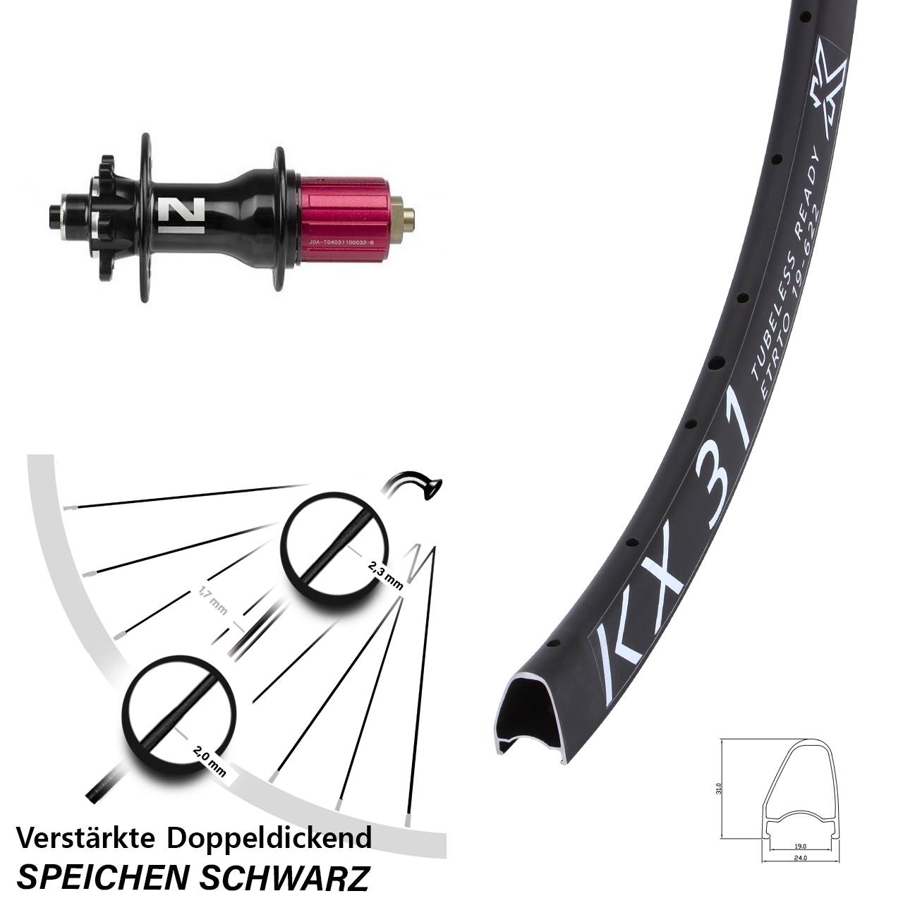 6-Loch Hinterrad 28 Zoll KX 31 Novatec Superlight 8-12 fach QR