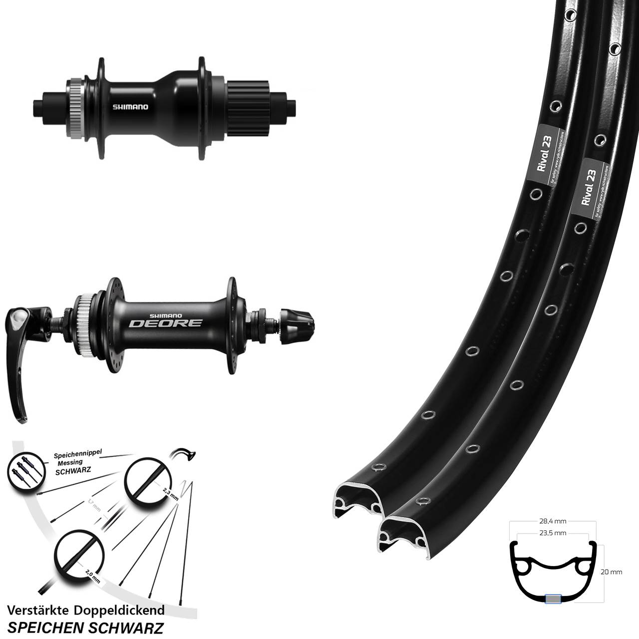 27,5 Zoll Ryde Rival 23 Shimano FH-QC500 Deore Disc Laufradsatz QR Micro Spline