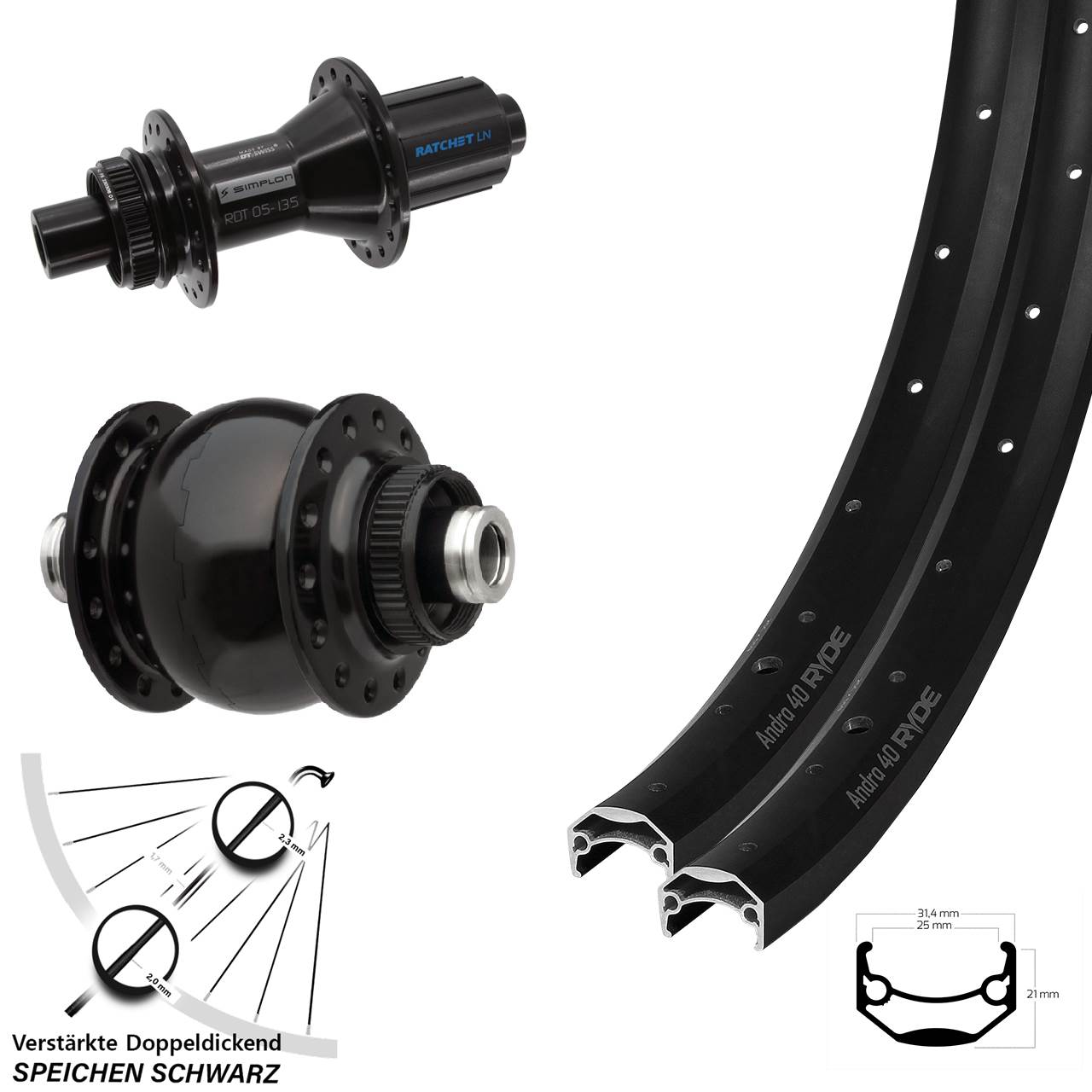 Ryde Andra 40 DT Swiss 370 Hybrid SON 28 650B Disc Laufrad-Satz 12x100/142 8-11 fach