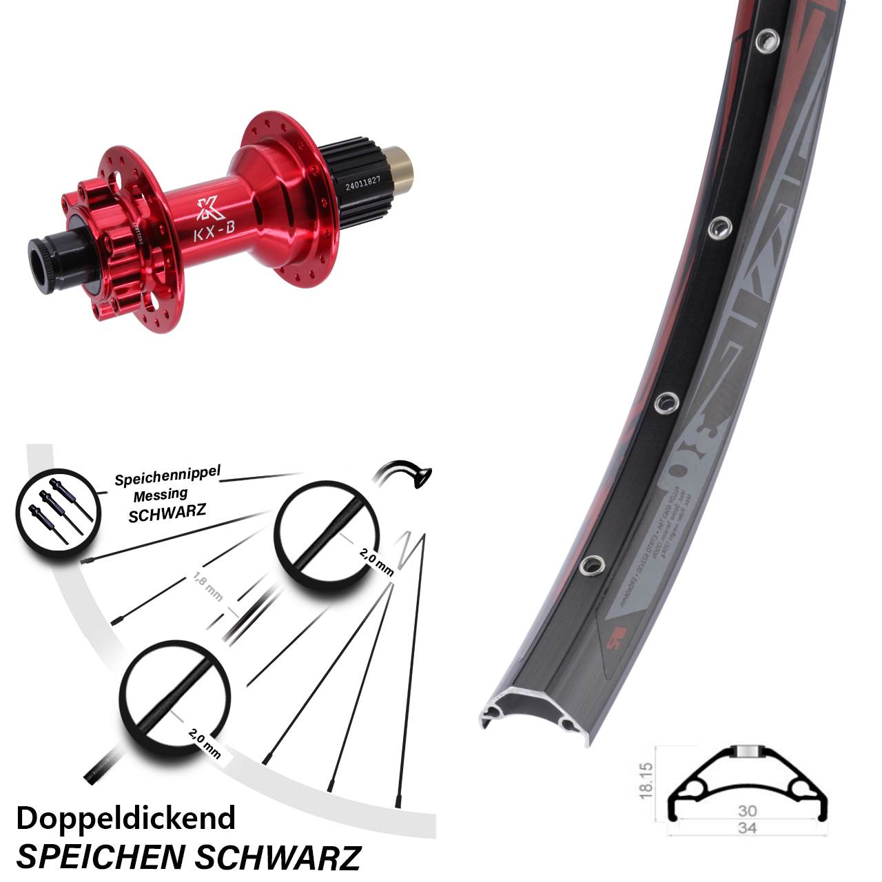 29 Zoll Rodi TRYP 30 KX-B rot Disc Hinterrad 12x148 Micro Spline