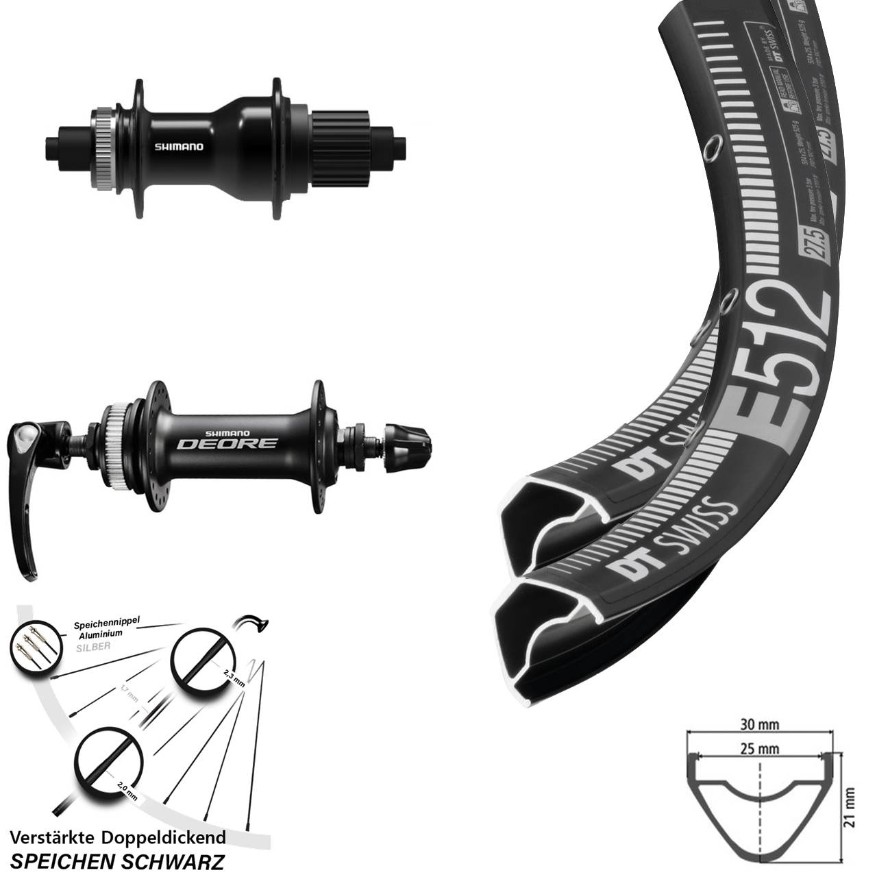 Disc Laufradsatz QR 27,5 Zoll DT Swiss E 512 Shimano FH-QC500 HB-M6000 Micro Spline
