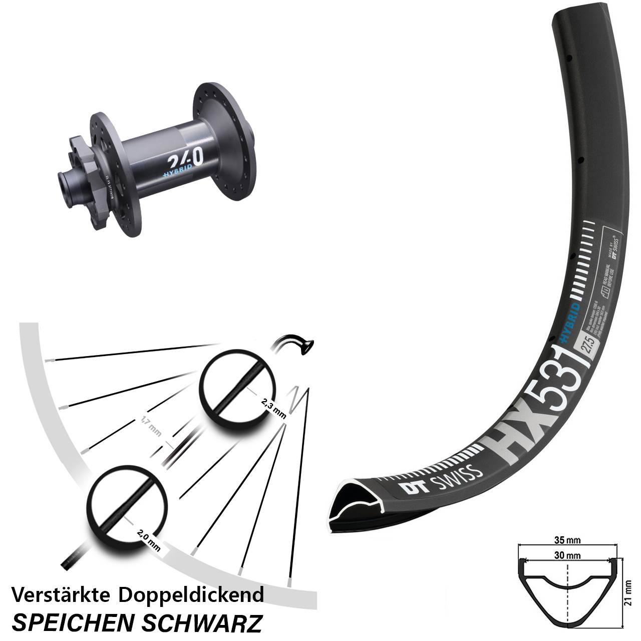 29 Zoll Vorderrad E-Bike HX 531 DT Swiss 240 Hybrid Boost 15x110 mm 6-Loch