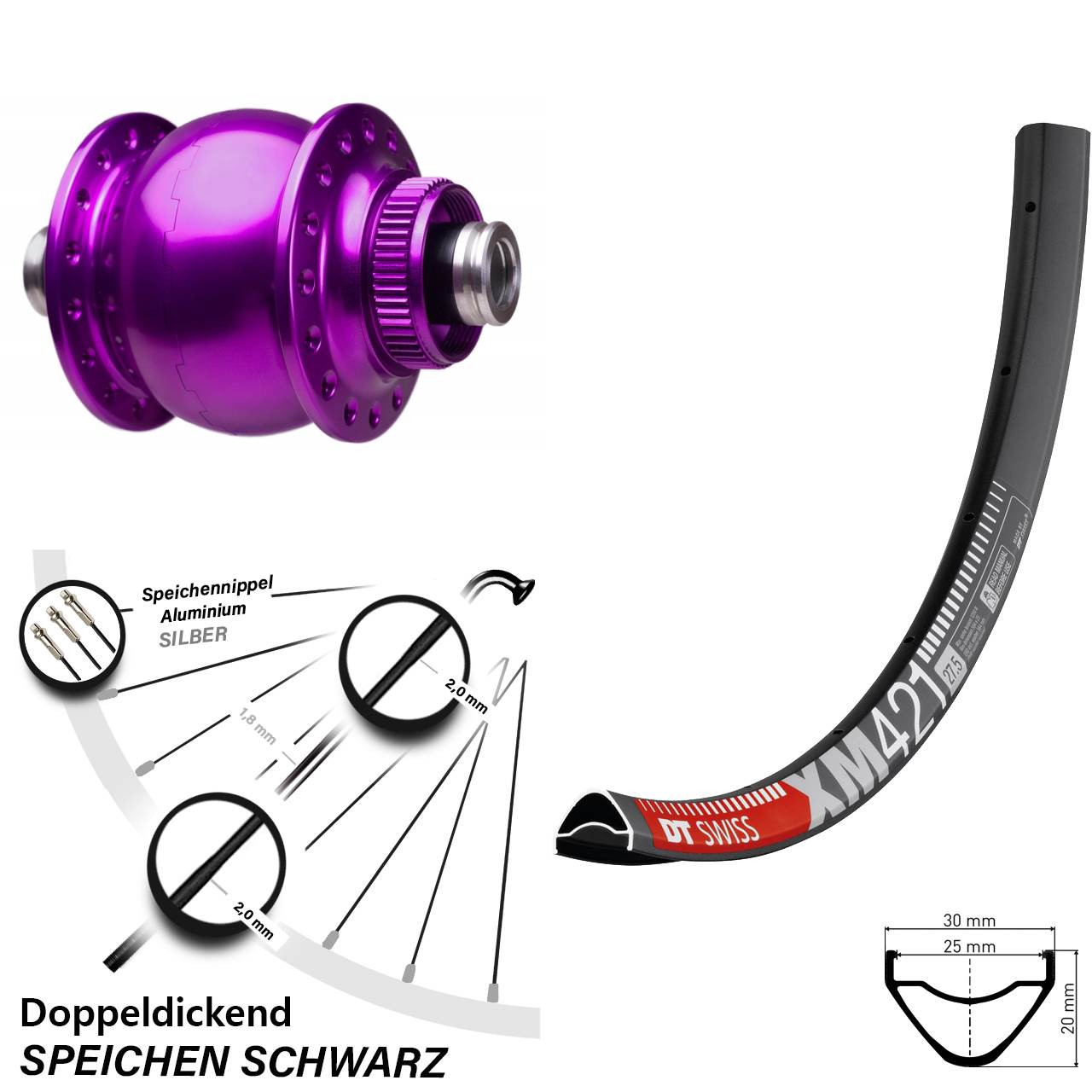 Laufrad 27,5 Zoll DT Swiss XM 421 Disc SON 28-12x100 Centerlock violett