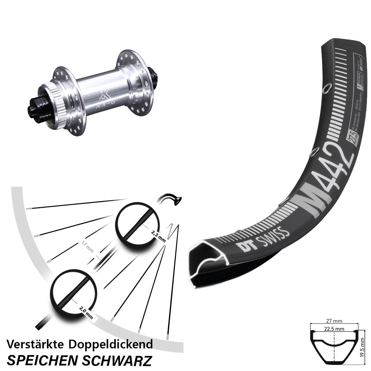 28 Zoll DT Swiss M442 KX-G Disc Vorderrad für Schnellspanner