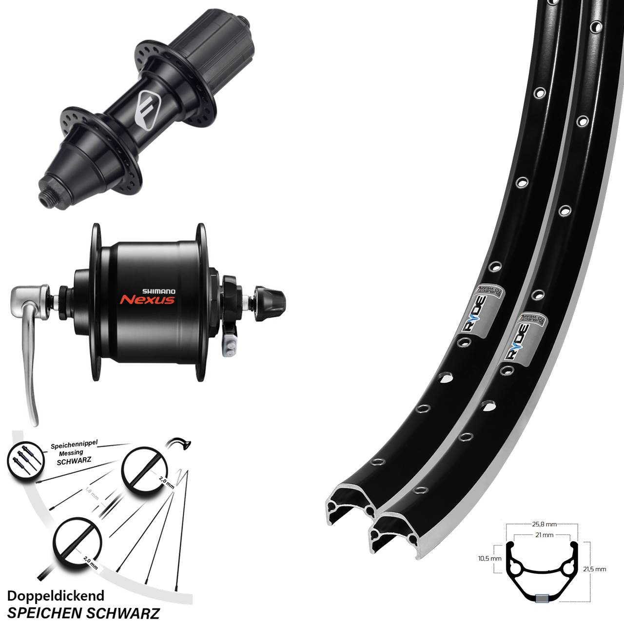 Laufradsatz 27,5 Zoll Ryde ZAC 421 Formula FM32 Shimano Nexus DH-C3000 7 fach QR