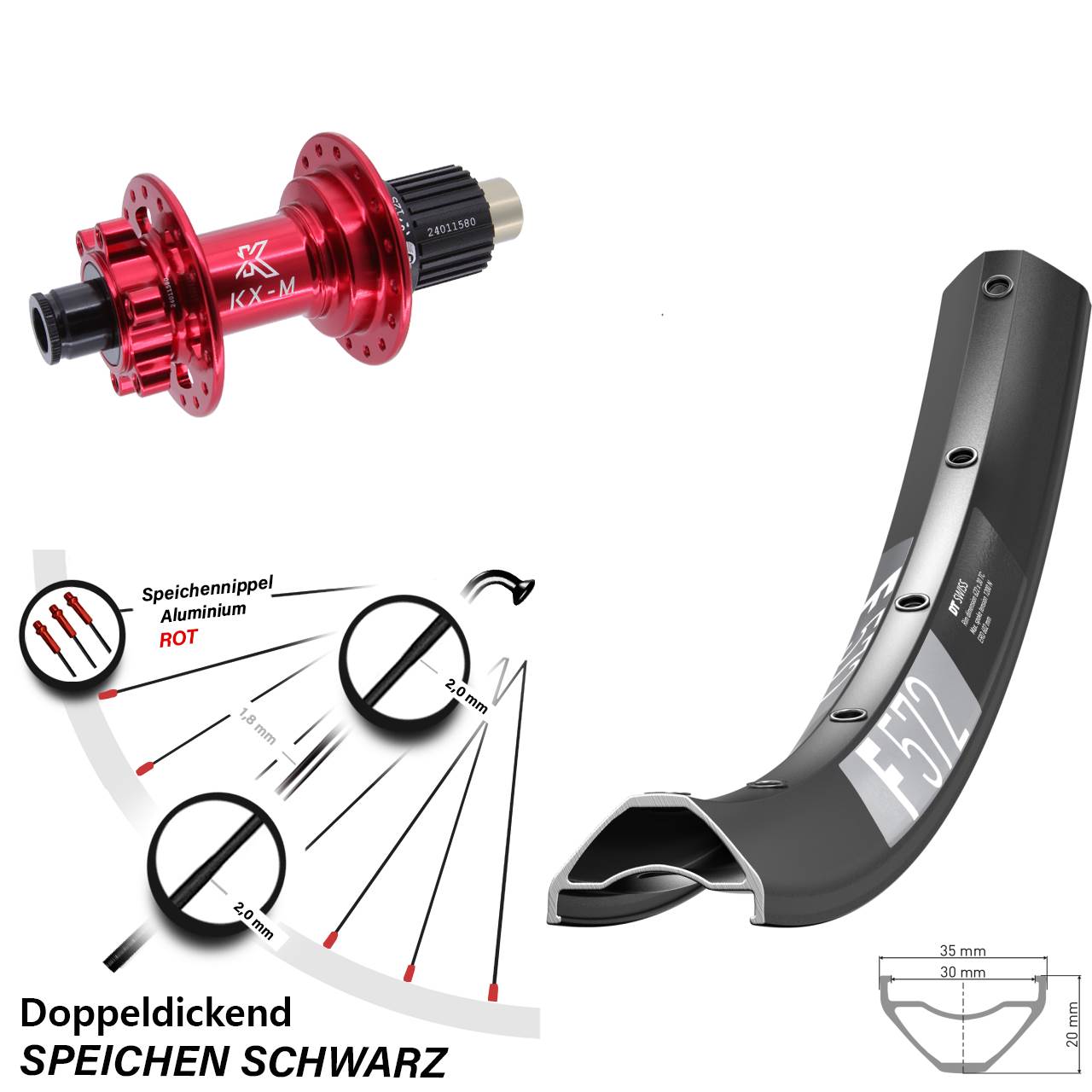 27,5 Zoll DT Swiss F572 Hinterrad KX-M rot Micro Spline 12x142