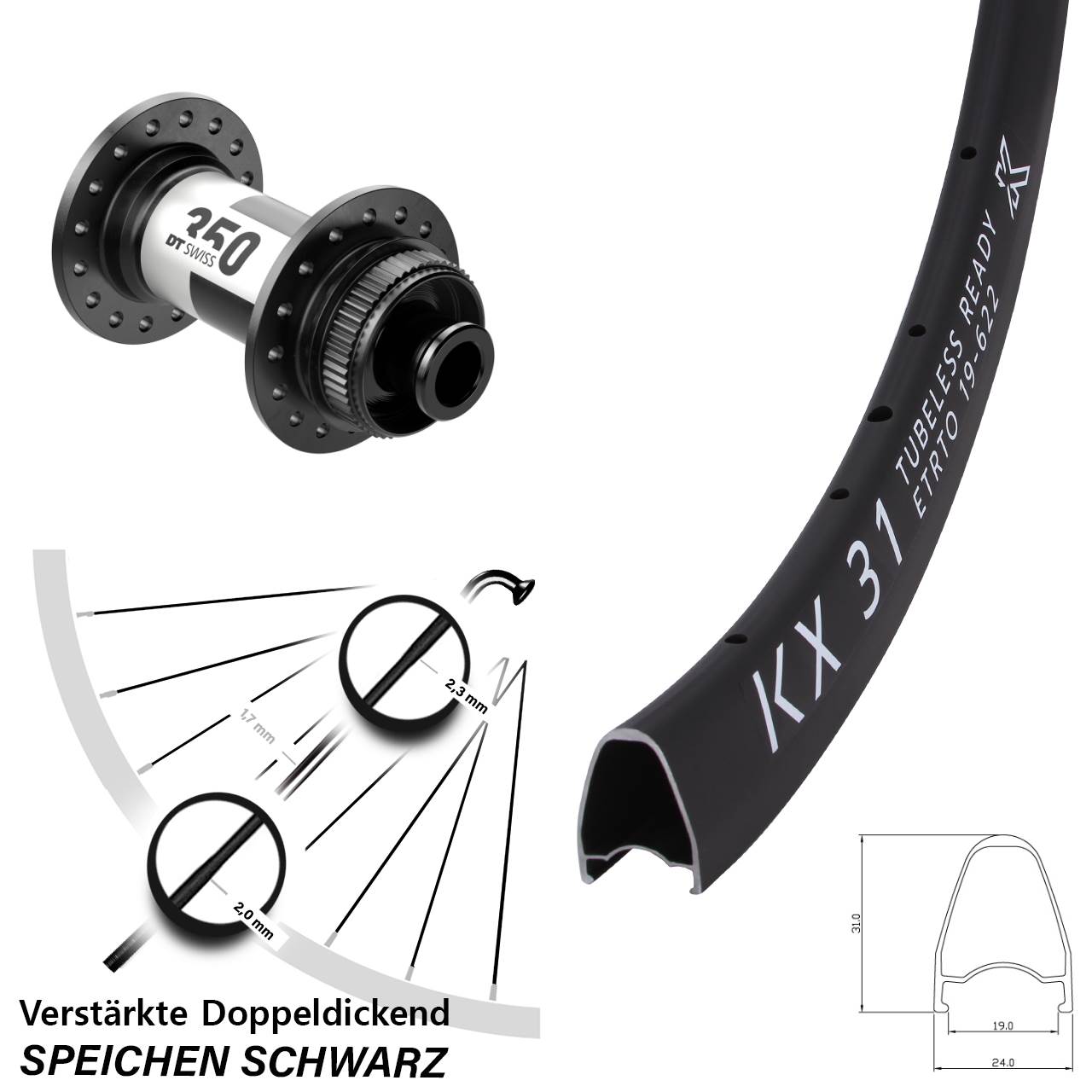 KX 31 DT Swiss 350 28 Zoll Vorderrad Centerlock 12x100
