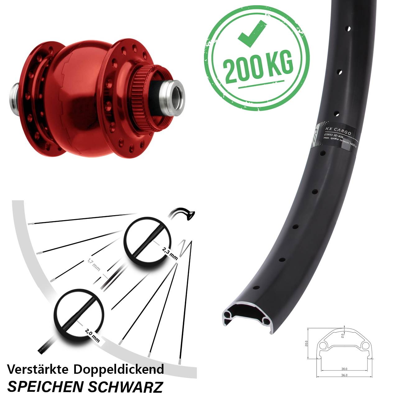 Disc Laufrad mit Nabendynamo 12x100 650B KX Cargo SON 28 rot