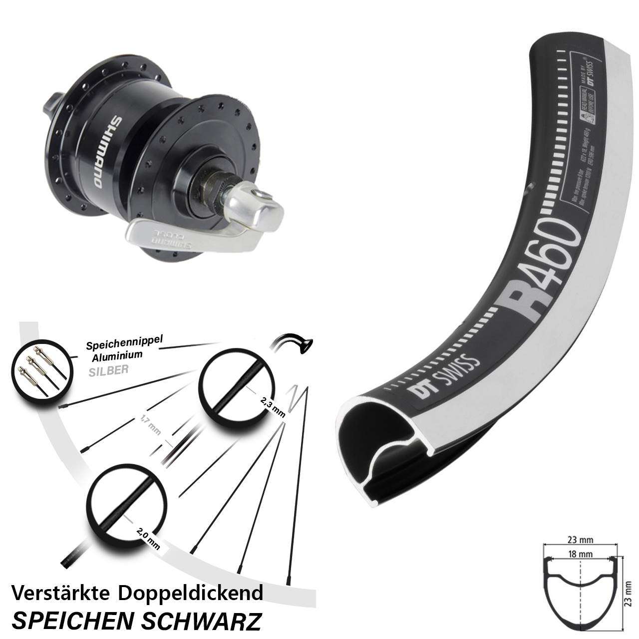 28 Zoll DT Swiss R 460 Shimano DH3N72 Vorderrad mit Nabendynamo QR