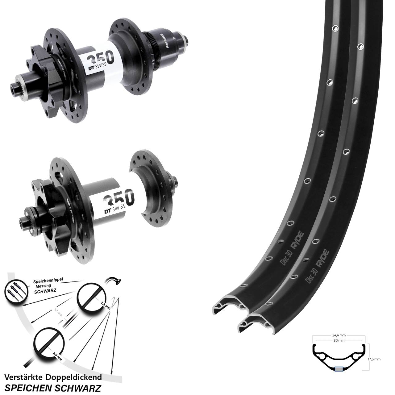 Laufradsatz 6-Loch für Schnellspanner 29 Zoll Ryde Disc 30 DT Swiss 350 SRAM XD