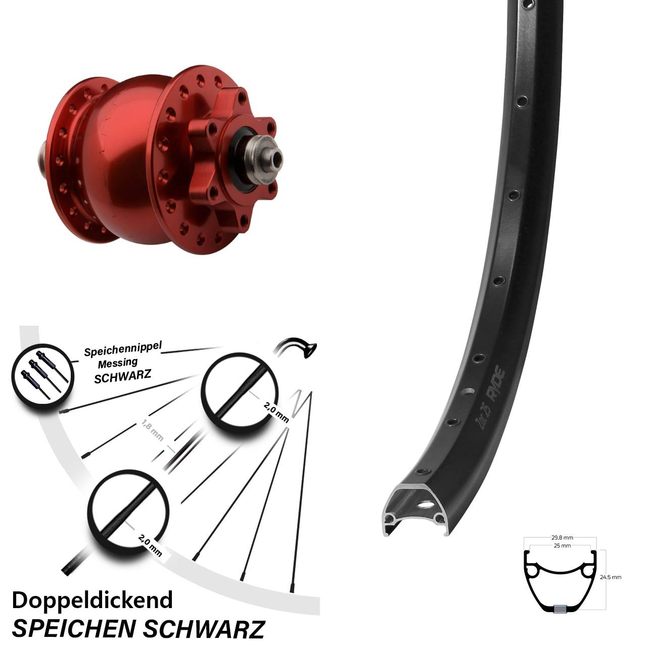 SON 28 rot Ryde ZAC 25 28 Zoll Disc Vorderrad mit Nabendynamo QR