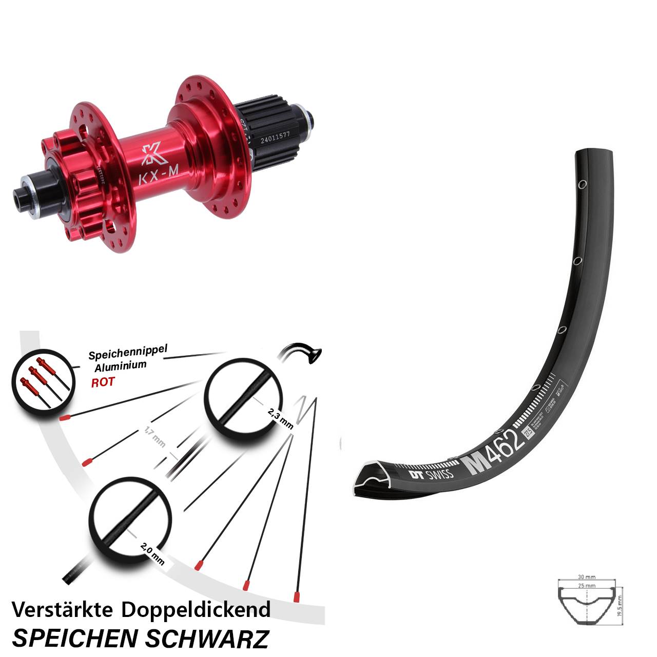 DT Swiss M 462 KX-M rot 27,5 Zoll Disc Hinterrad QR Shimano Micro Spline