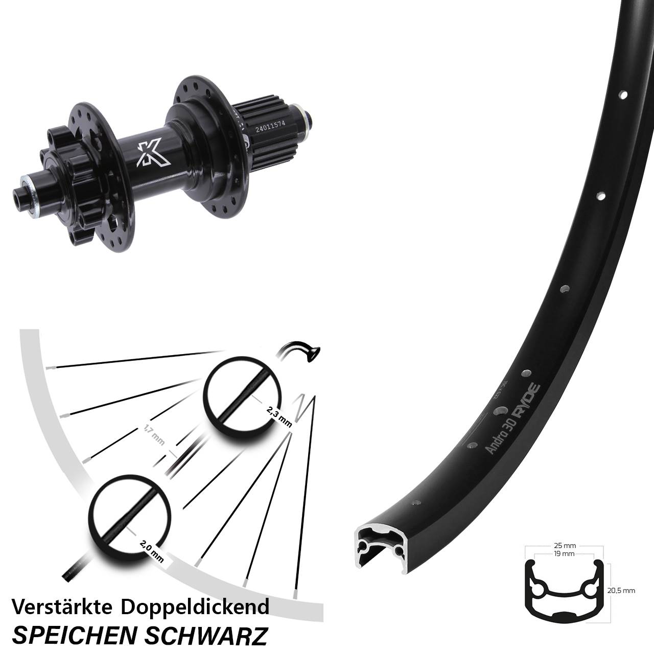 Ryde Andra 30 Disc KX-M 28-29 Zoll 6-Loch Hinterrad für Schnellspanner Micro Spline