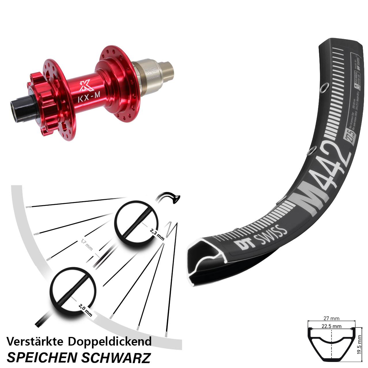 Disc Hinterrad 12x142 28 Zoll DT Swiss M 442 KX-M rot XD
