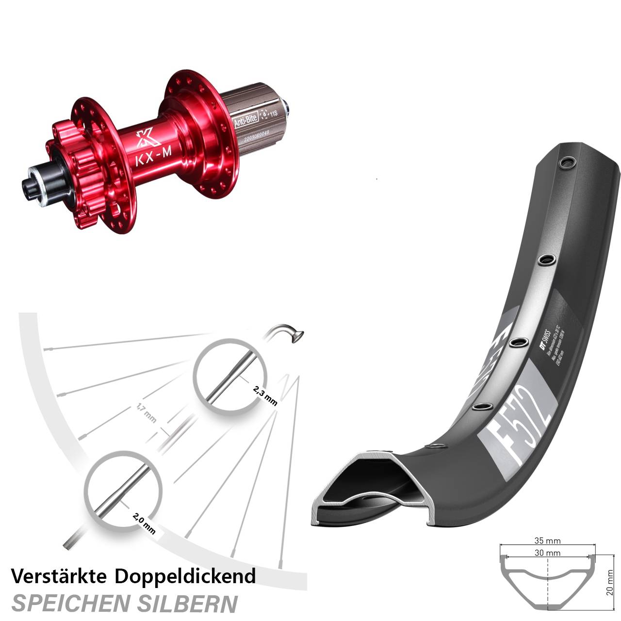 Hinterrad 6-Loch für Schnellspanner 29 Zoll DT Swiss F572 KX-M rot 8-12 fach HG