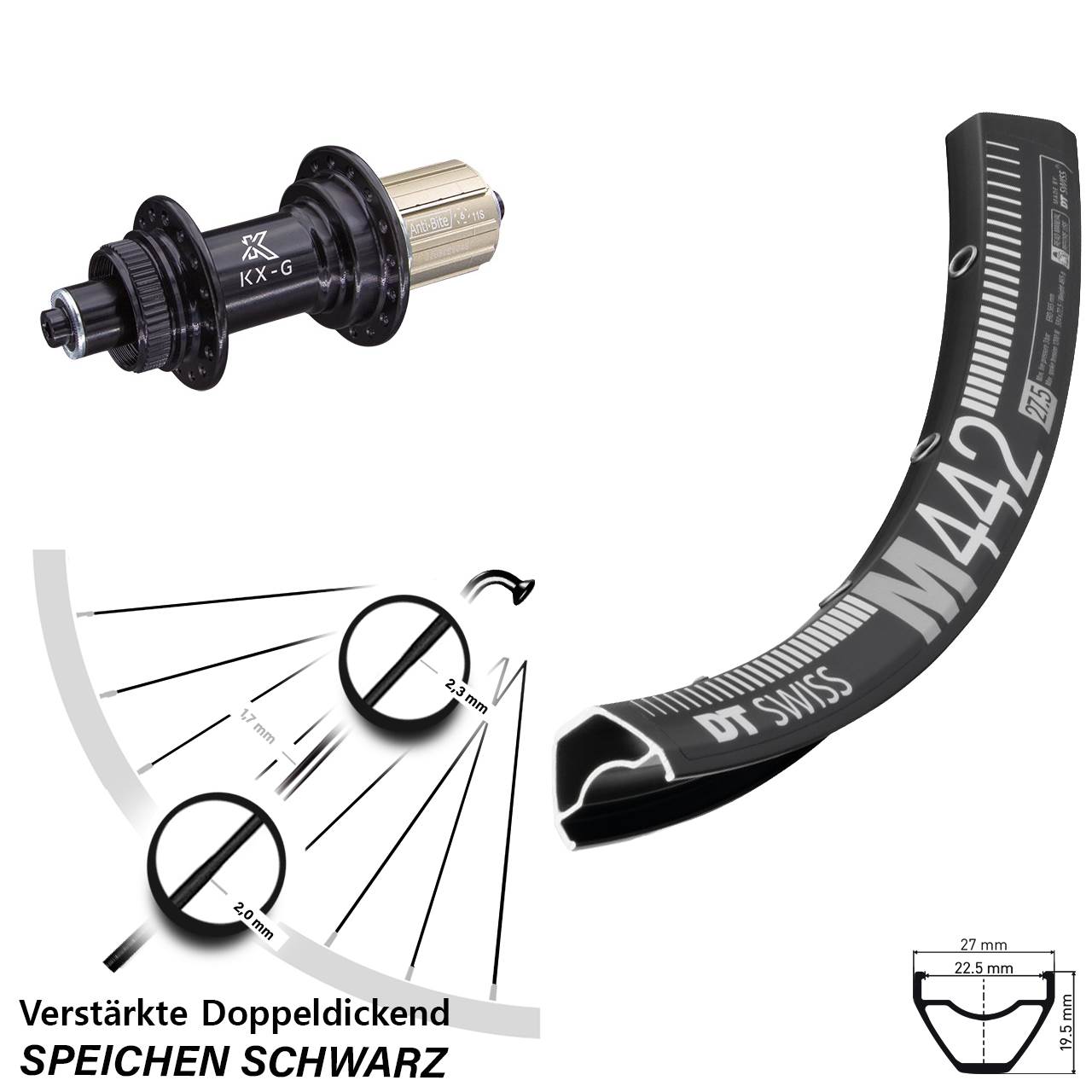 DT Swiss M442 KX-G 28-29 Zoll Hinterrad Centerlock für Schnellspanner 8-12 fach HG