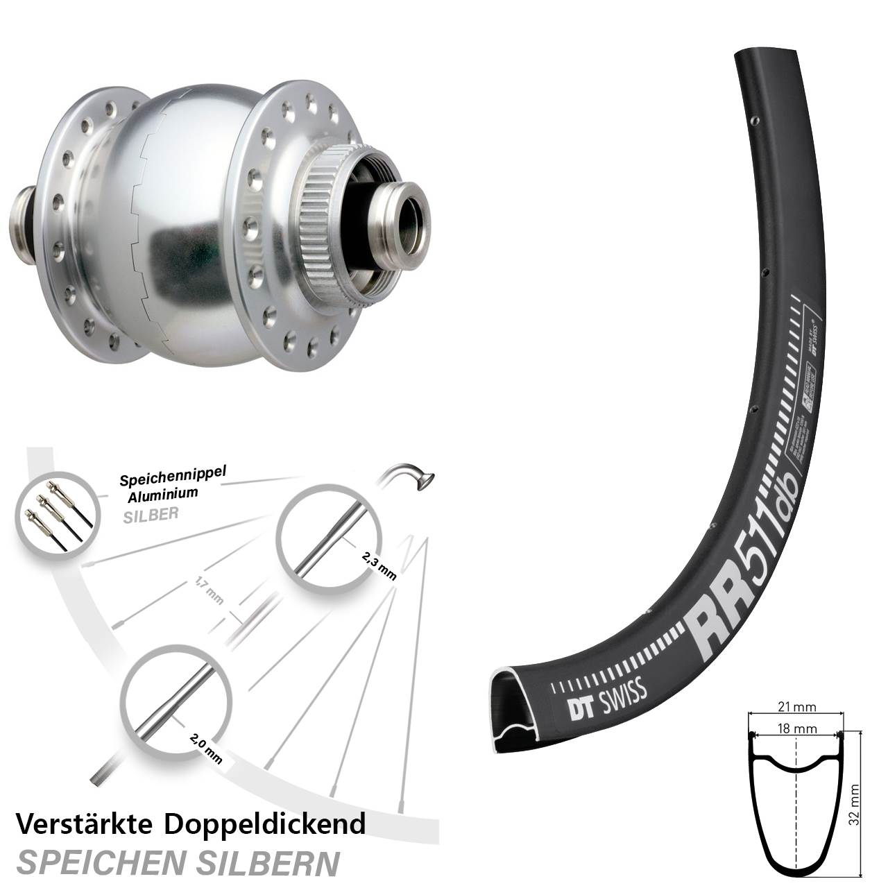 Disc Laufrad mit Nabendynamo 12x100 28 Zoll DT Swiss RR 511 SON silbern