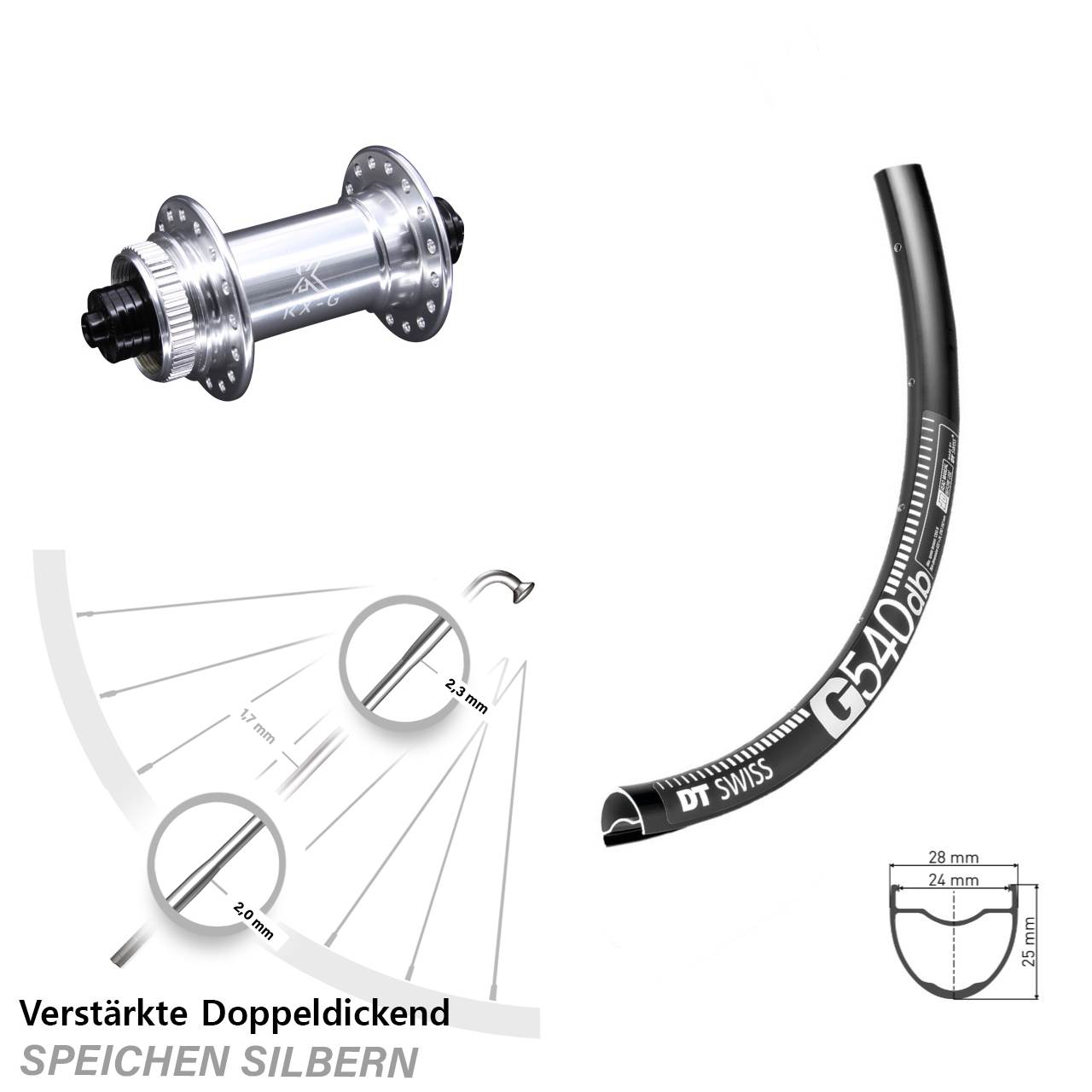 DT Swiss G 540 DB Gravel Vorderrad verstärkt KX-G silbern Schnellspanner Sapim E-Light