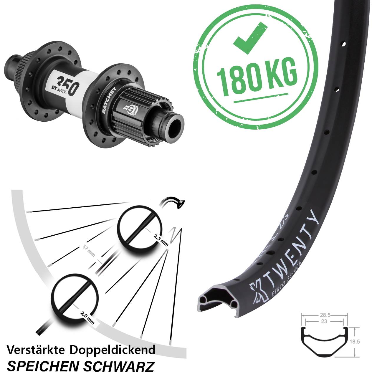 Disc Laufrad 20 Zoll KX Twenty DT Swiss 350 Ratchet 36 Shimano Micro Spline 12x142