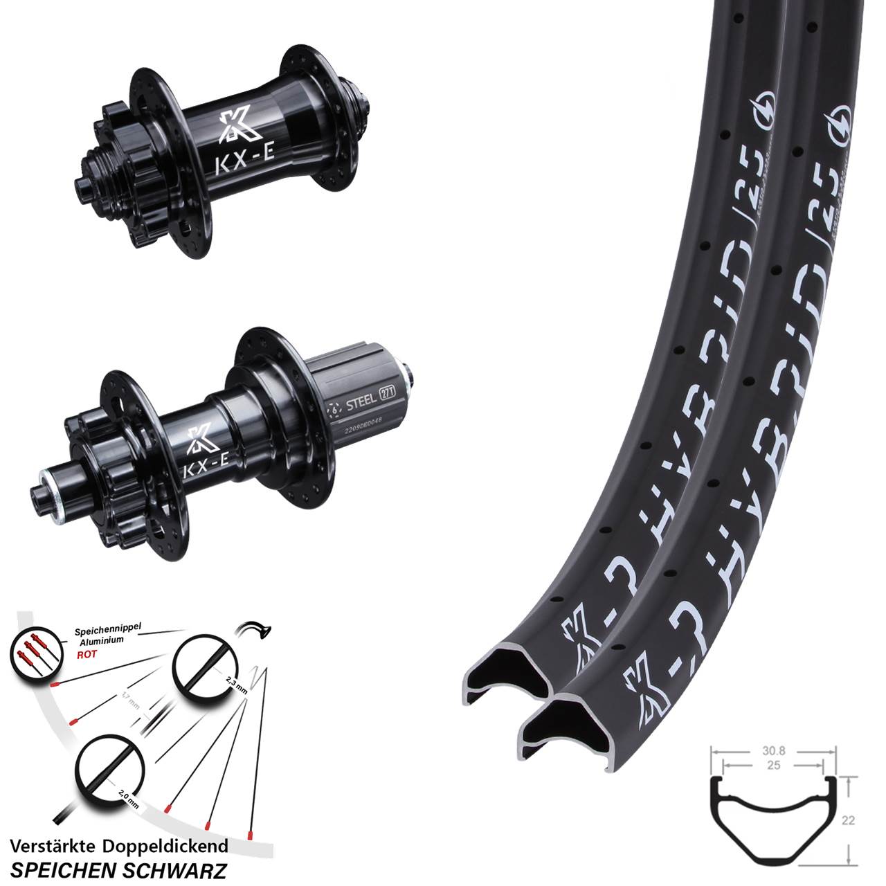 26 Zoll E-Bike Laufradsatz KX-ER Hybrid 25 Schnellspanner Disc 6-loch verstärkt 8-12 fach