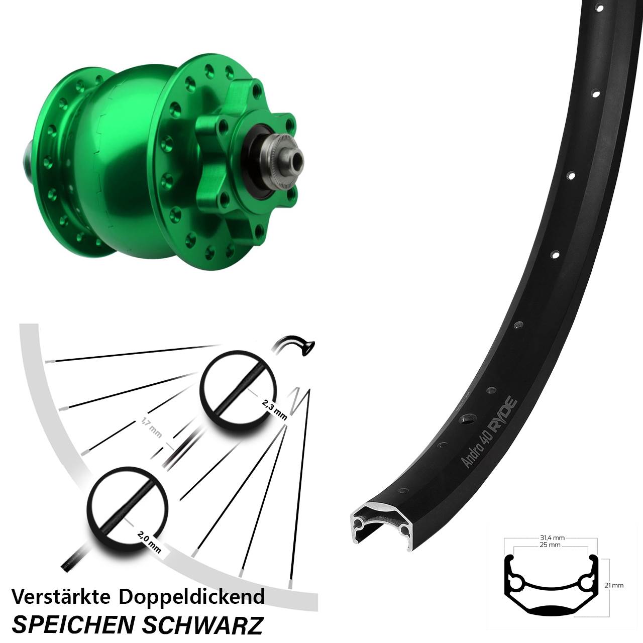 6-Loch Dynamo-Vorderrad 29 Zoll Ryde Andra 40 Disc SON 28 grün für Schnellspanner