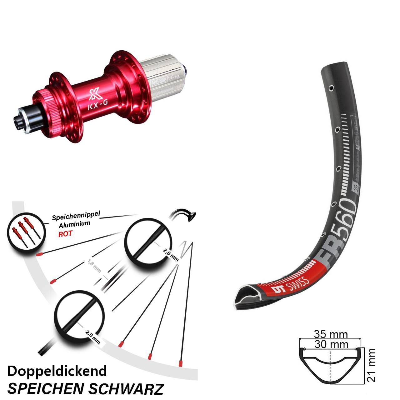 26 Zoll Hinterrad DT Swiss FR 560 KX-G rot 8-12 fach