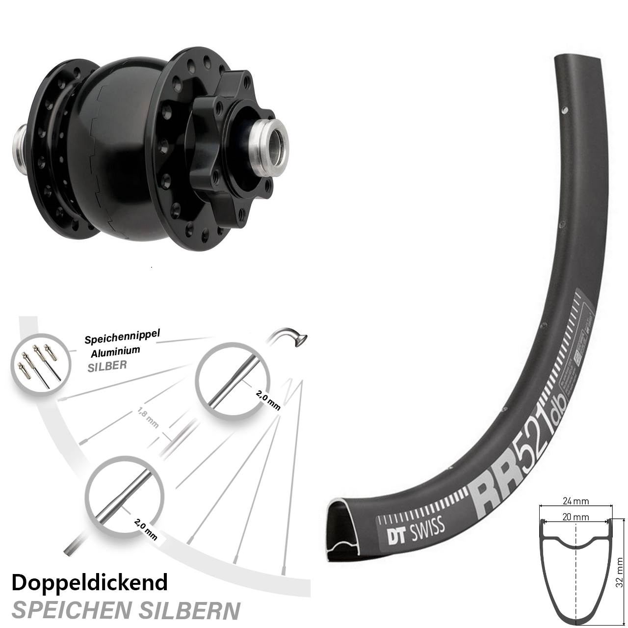 28 Zoll Vorderes Rad mit Nabendynamo DT Swiss RR 521 DB SON 28-12 Steckachse schwarz