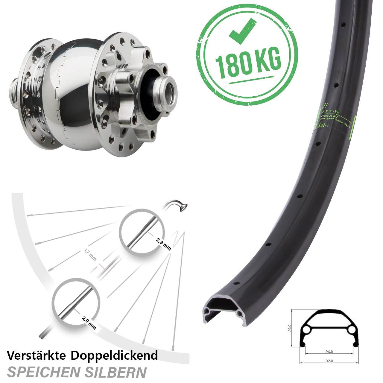 Vorderrad 27,5 Zoll KX Evo SON 28 12x100 6-Loch silbern poliert