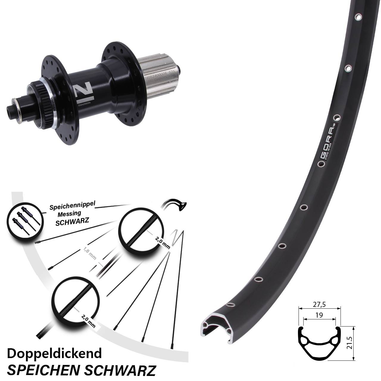 27,5 Zoll Gora 19 Novatec D042SB Hinterrad Centerlock für Schnellspanner 8-12 fach