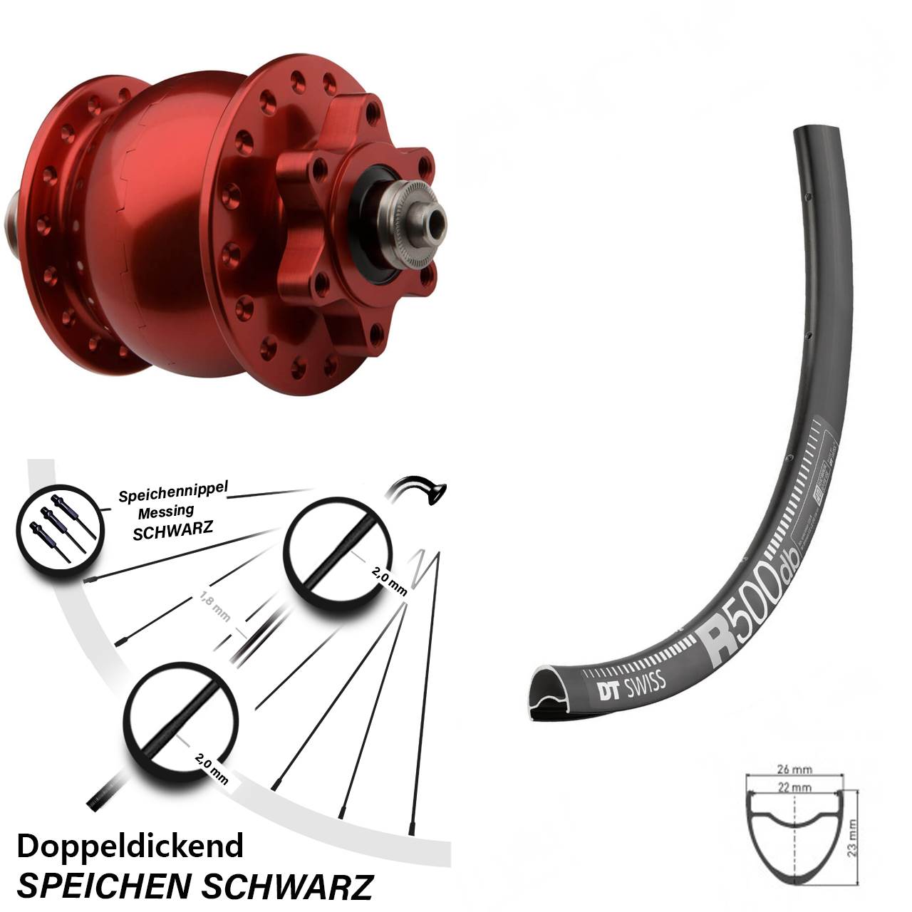 Vorderrad Nabendynamo SON 28 Zoll rot eloxiert 5x100 mm DT Swiss R 500 6-Loch