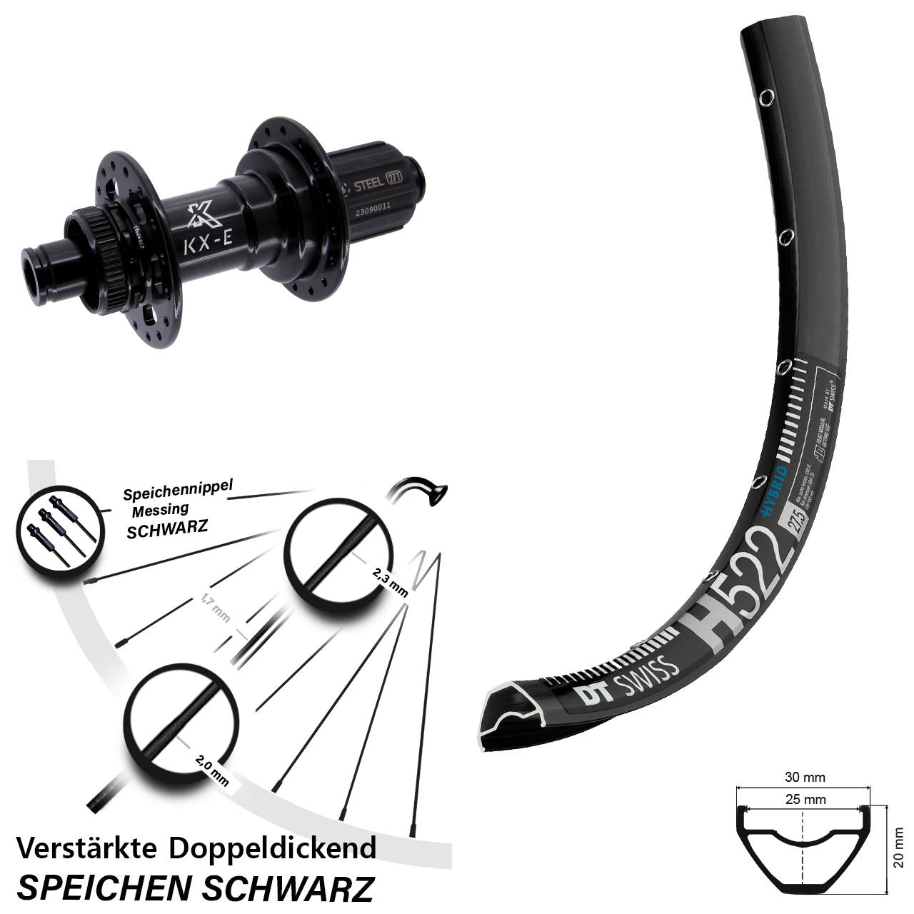 Centerlock Hinterrad 28 Zoll DT Swiss H522 KX-E Stahl Freilauf 8-12 fach HG 12x148 Boost