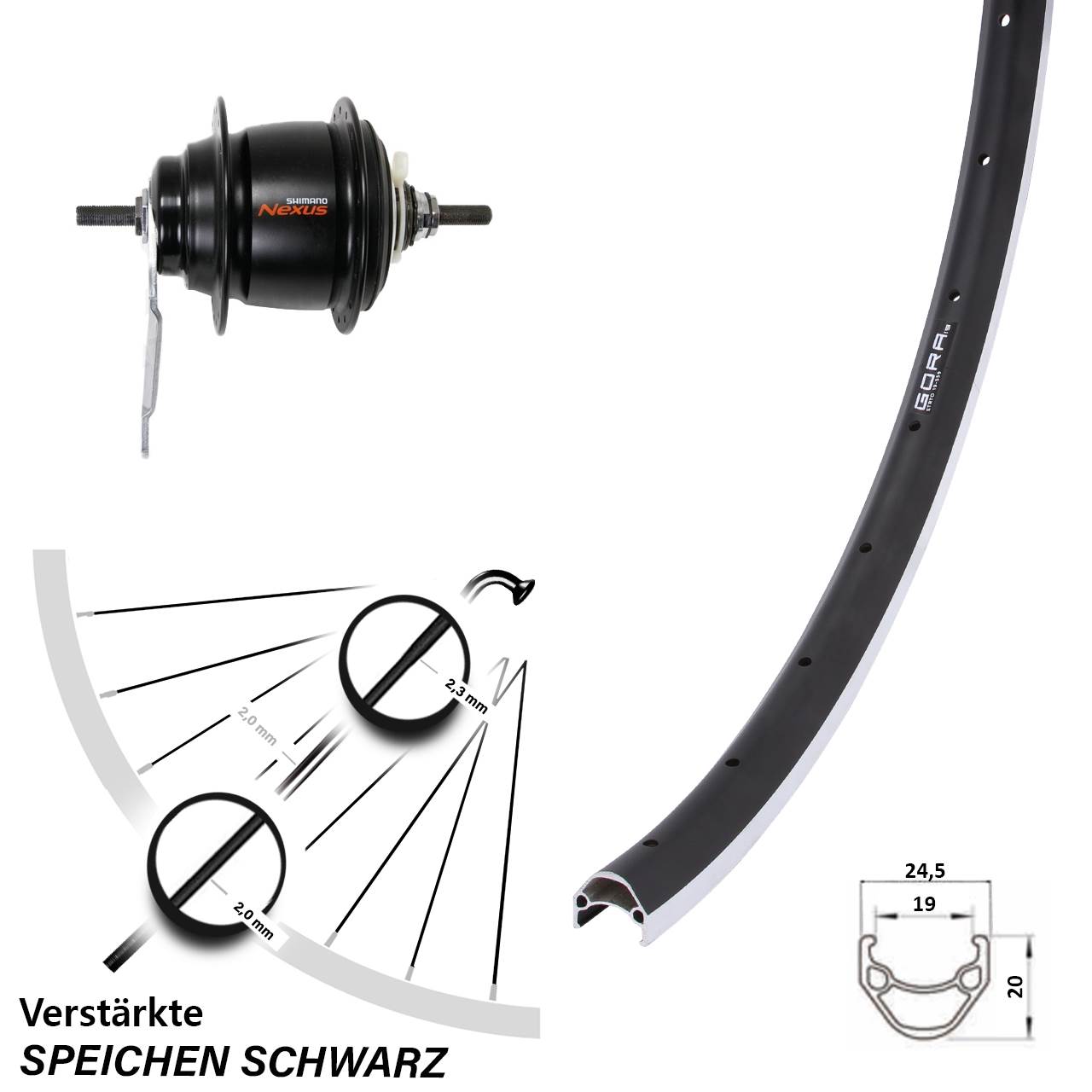 26 Zoll Hinterrad Shimano Nexus 8 Gang Rücktrittbremse Gora 19 schwarz