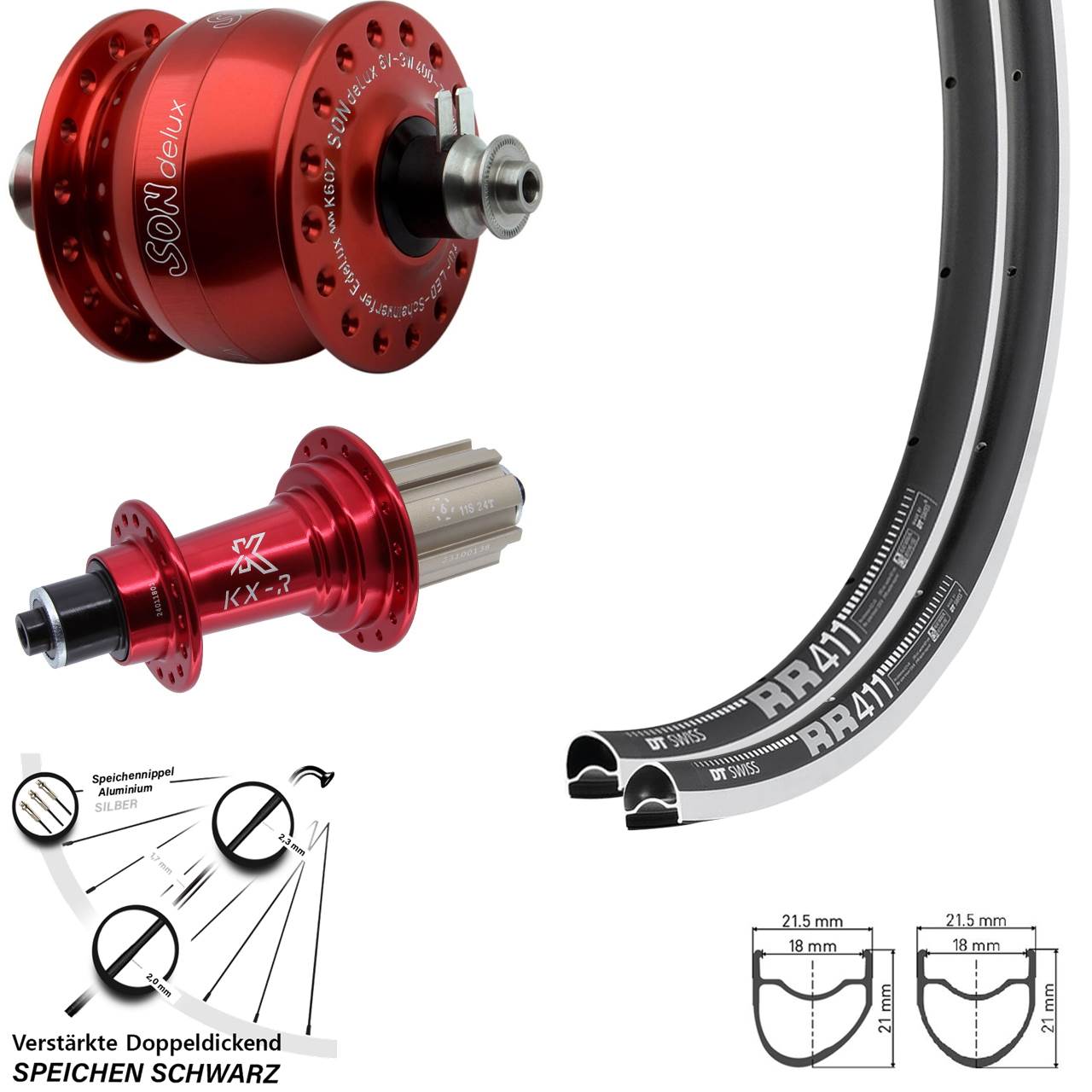 28 Zoll DT Swiss RR411 OS KX-R rot SONdelux Laufradsatz QR Campa 8-12 fach