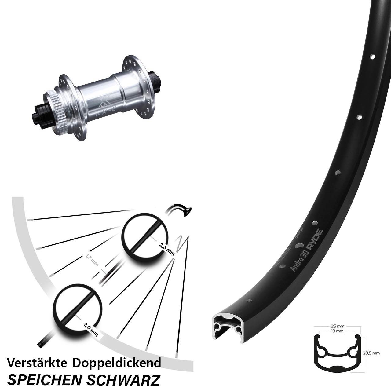 28-29 Zoll Ryde Andra 30 Disc KX-E verstärkt Centerlock Vorderrad für Schnellspanner