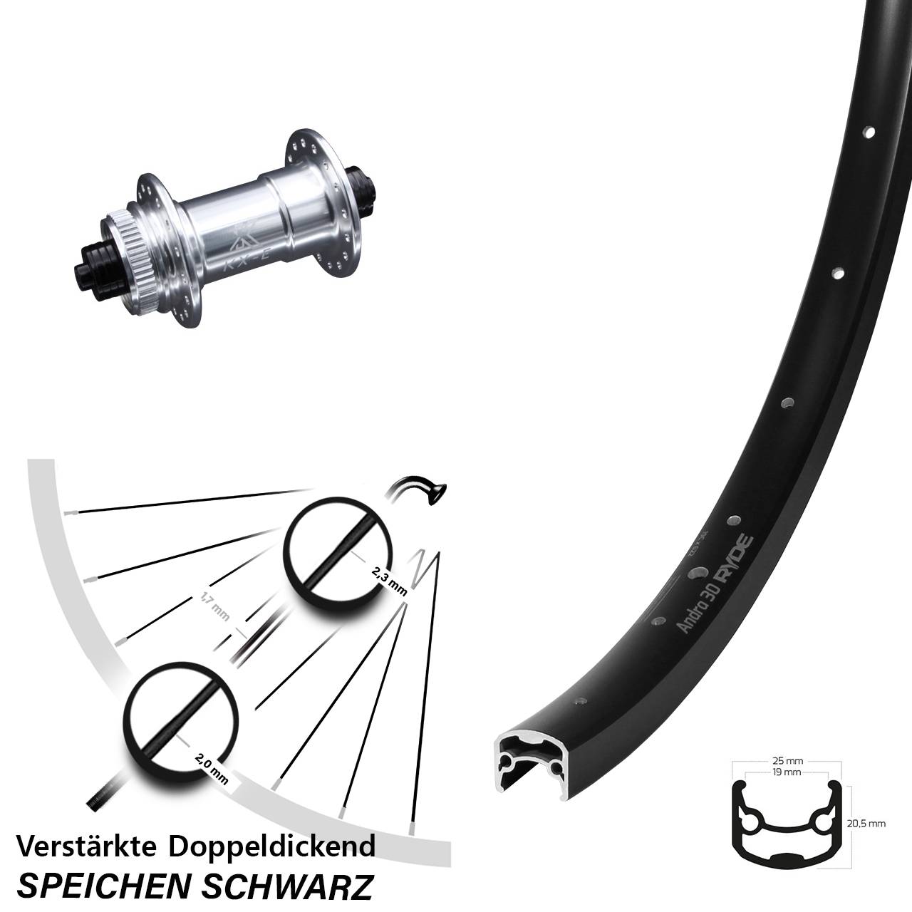 28-29 Zoll Ryde Andra 30 Disc KX-E verstärkt Centerlock Vorderrad für Schnellspanner