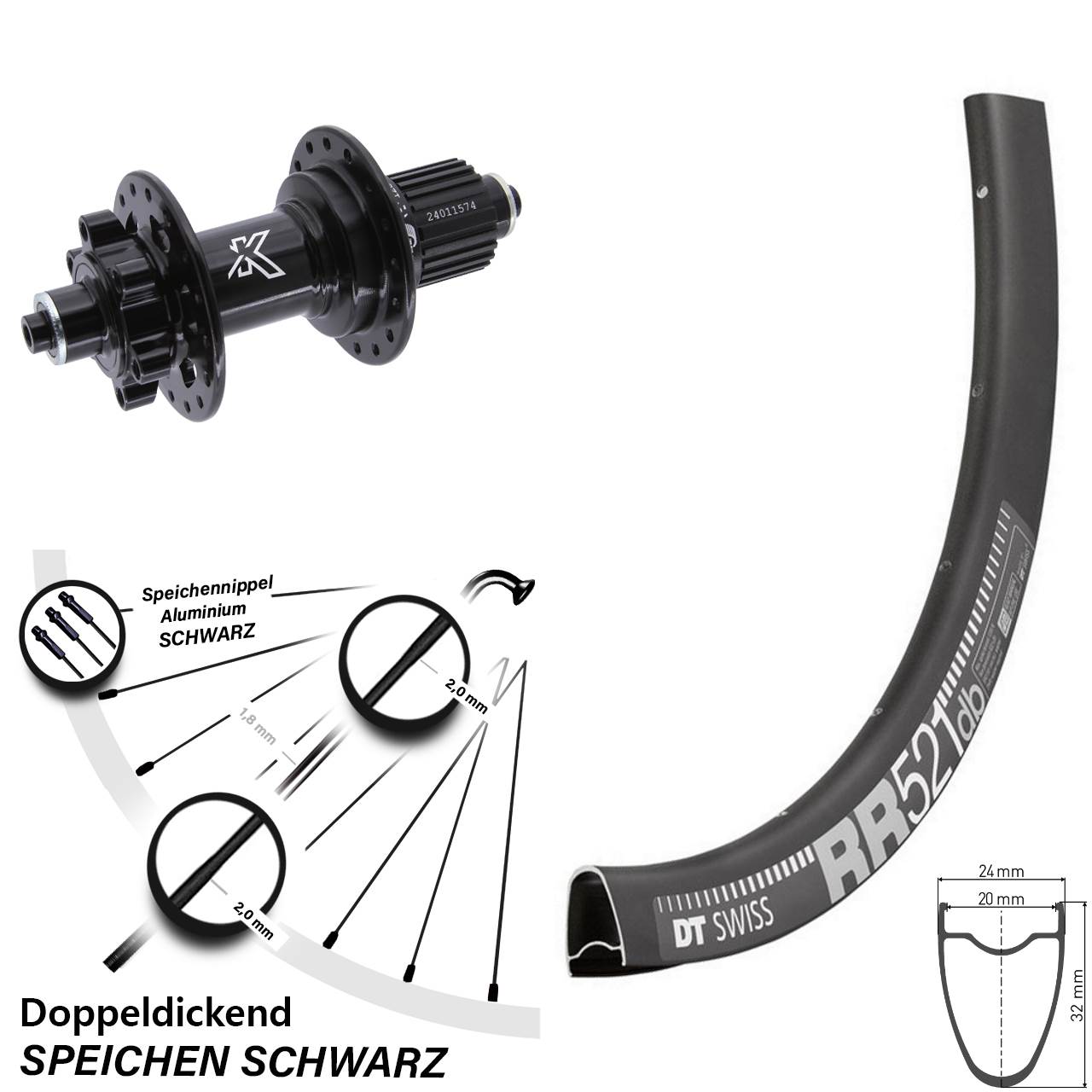 28 Zoll DT Swiss RR 521 KX-M Hinterrad 6-Loch QR Micro Spline