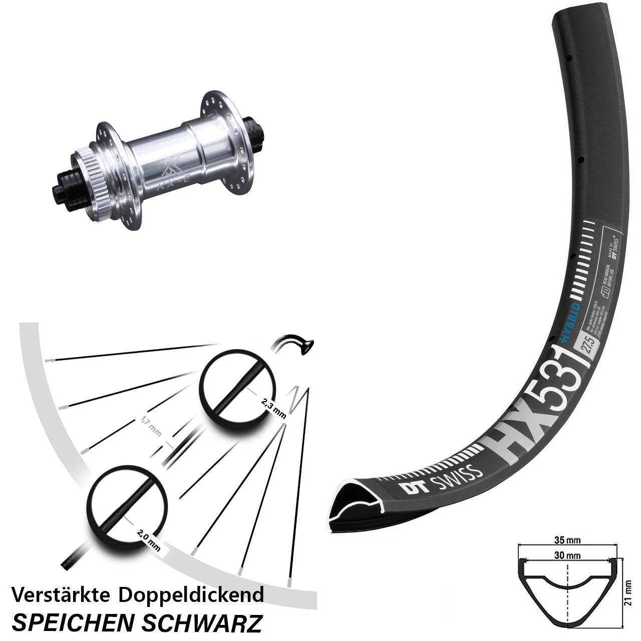 DT Swiss HX 531 KX-E verstärkt 29 Zoll Disc Vorderrad für Schnellspanner
