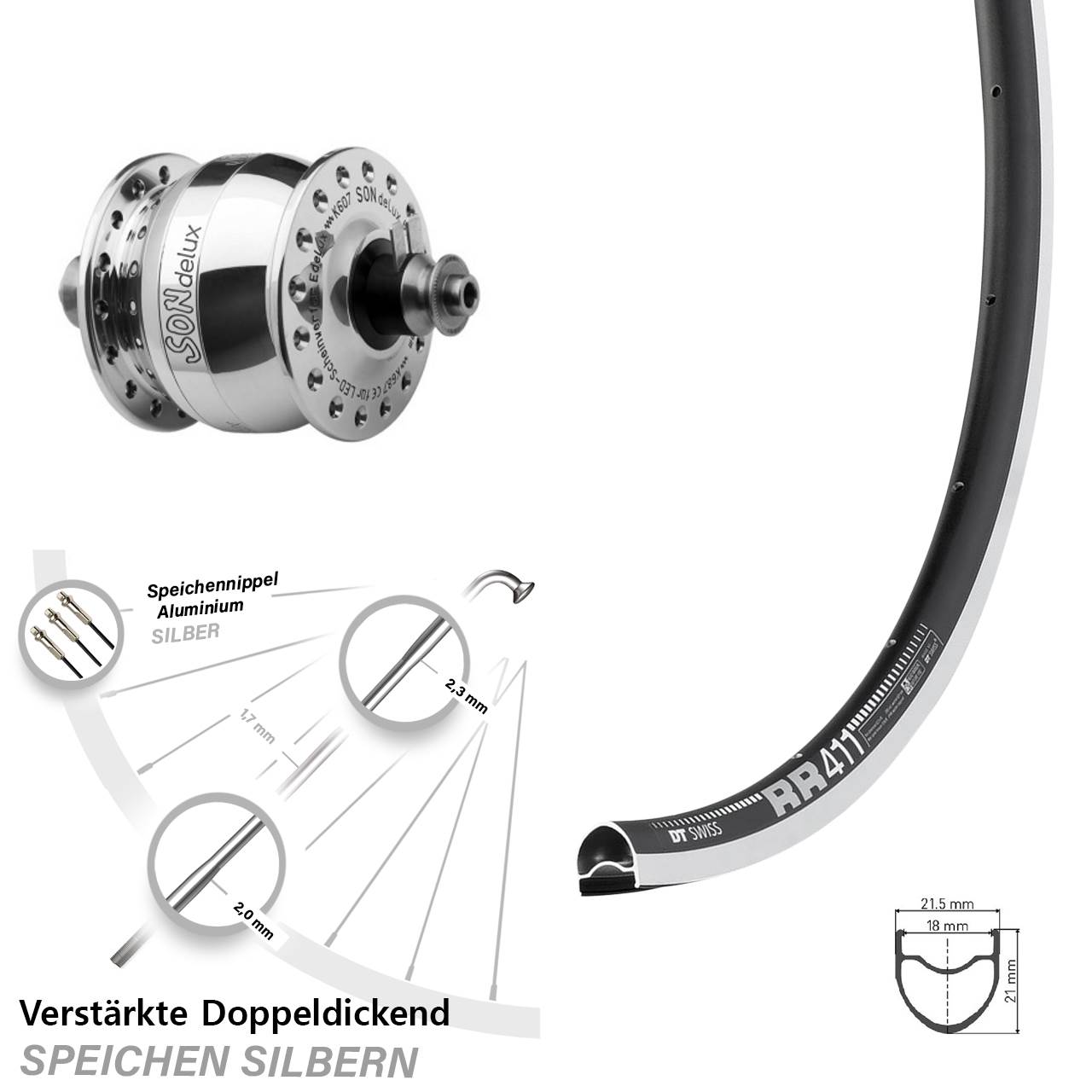 SONdelux poliert DT Swiss RR 411 CNC 28 Zoll Nabendynamovorderrad für Schnellspanner