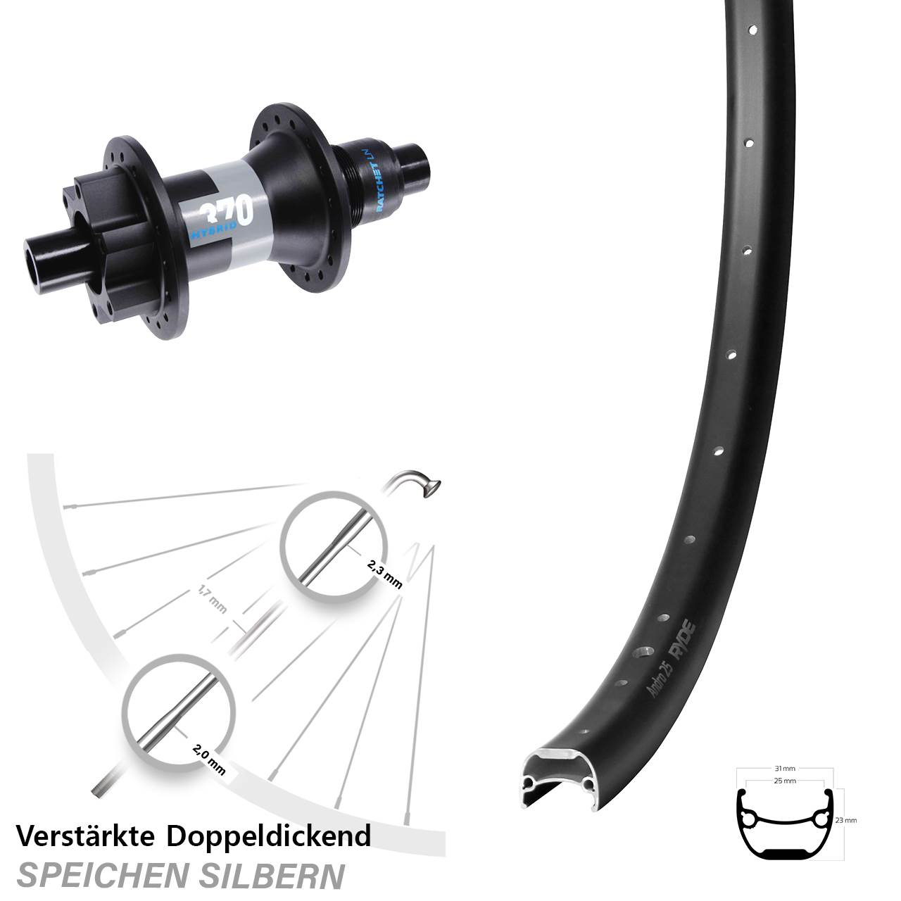 Disc Hinterrad 28-29 Zoll Ryde Andra 25 DT Swiss Hybrid 370 XD 11-12 fach 12x148