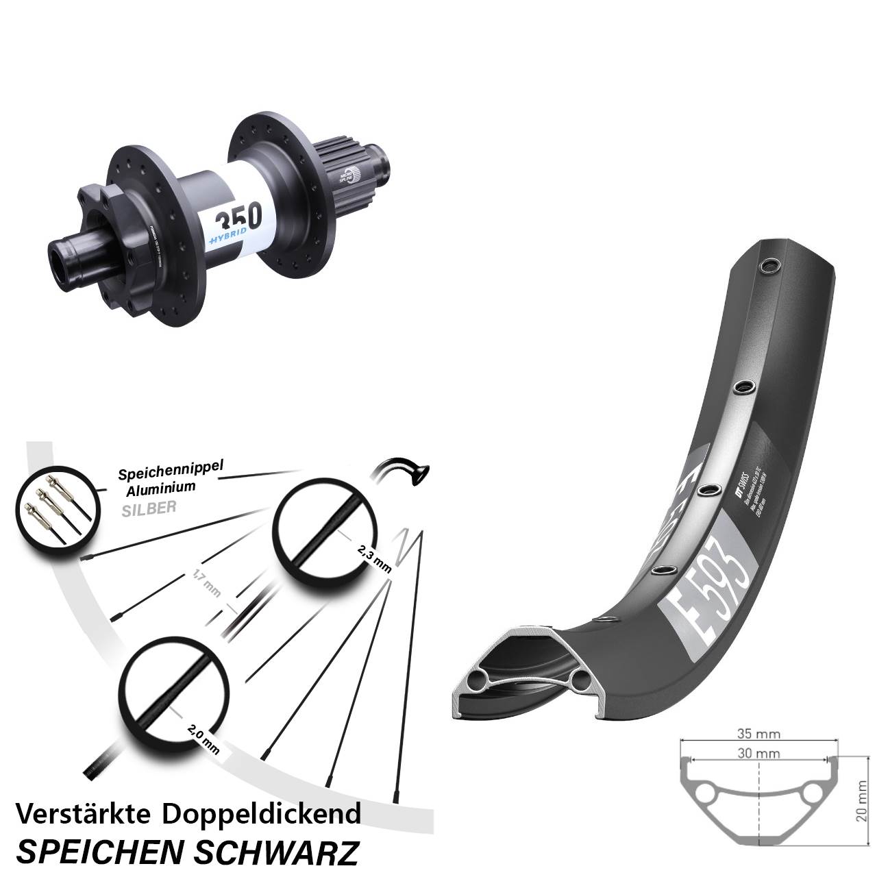 27,5 Zoll DT Swiss E593-350 Hybrid Disc Laufrad 12x148 Micro Spline