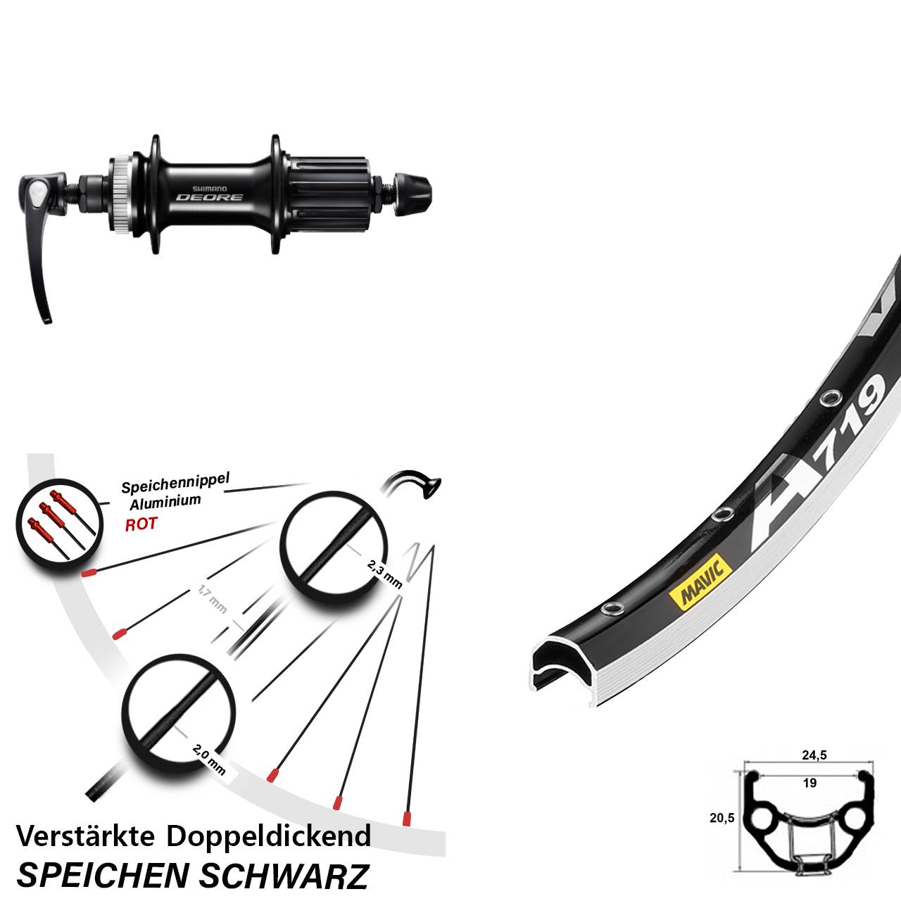 28 Zoll Laufrad Mavic A719 Shimano Deore 8-11 fach 5/135 schwarz