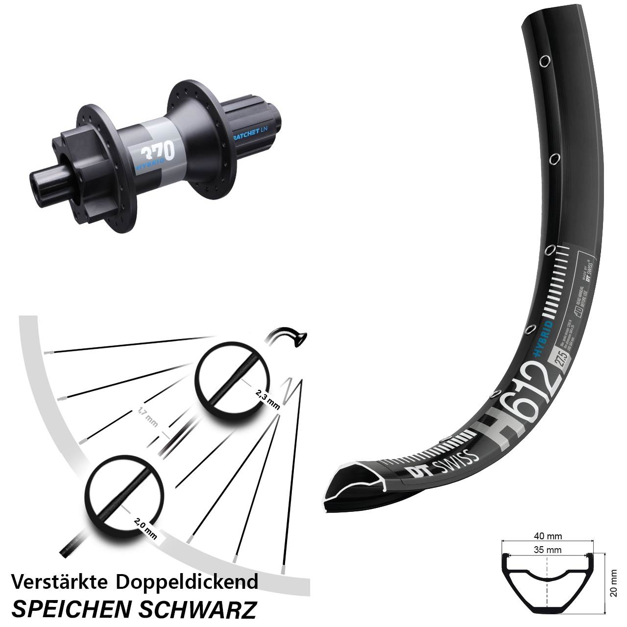 breites E-Bike Hinterrad 27,5 Zoll H 612 DT Swiss 370 Hybrid Boost 12x148 mm 11-fach