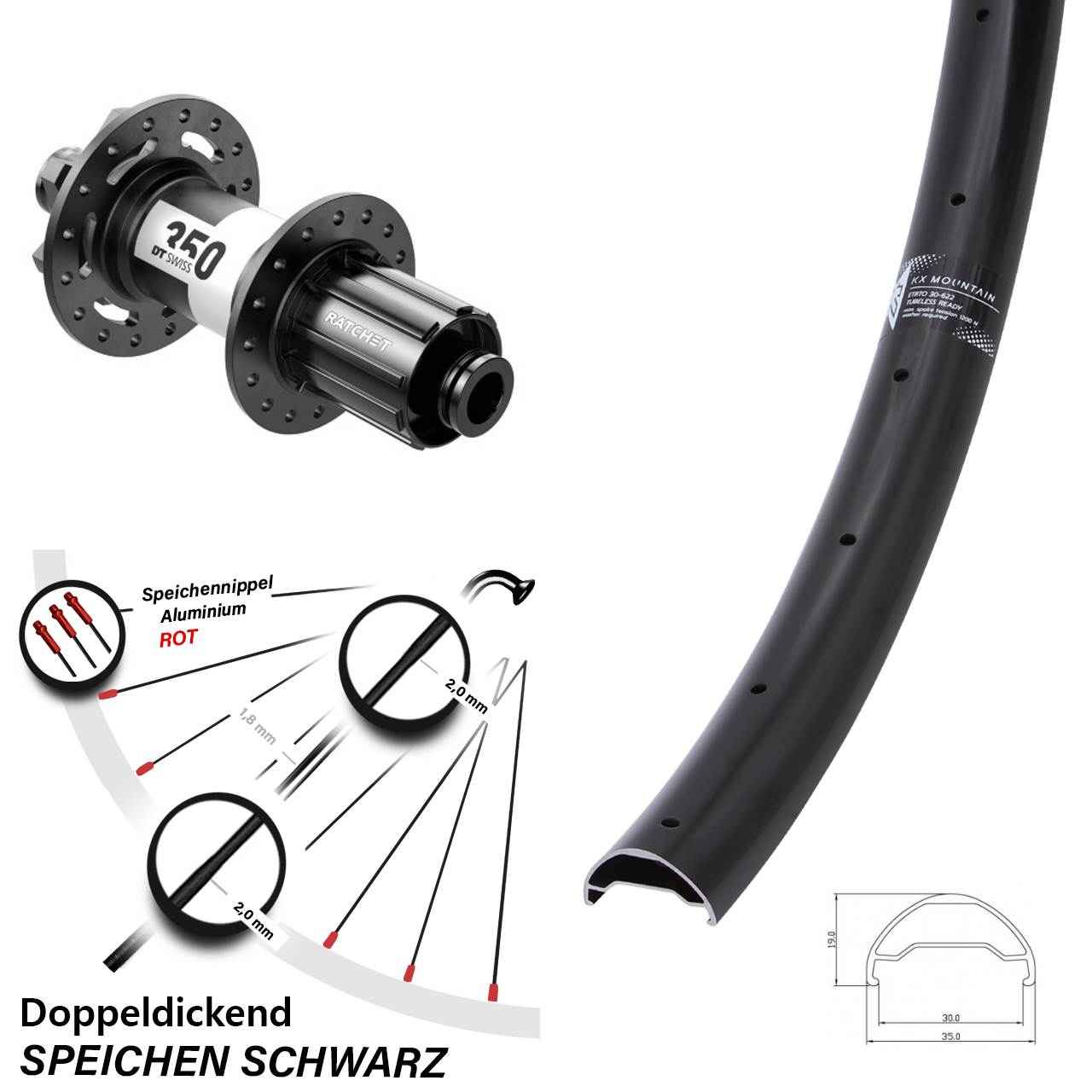 29 Zoll Hinterrad KX Mountain DT Swiss 350 Boost 6-Loch 12x148 mm 11-fach 30-622 ETRTO