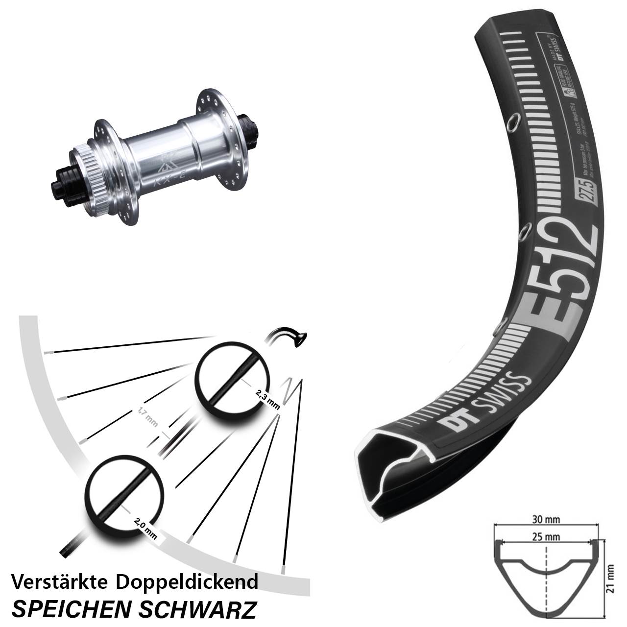 29 Zoll Vorderrad DT Swiss E 512 KX-E silbern-eloxiert Centerlock Schnellspanner 5x100 mm