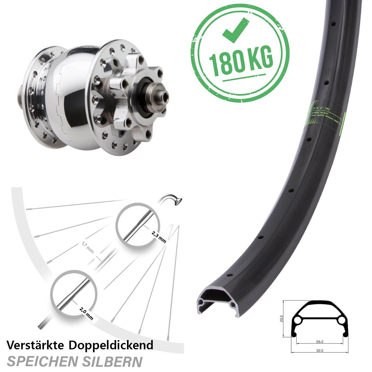 Disc Dynamo-Vorderrad für Schnellspanner 27,5 Zoll KX Evo SON 28 poliert