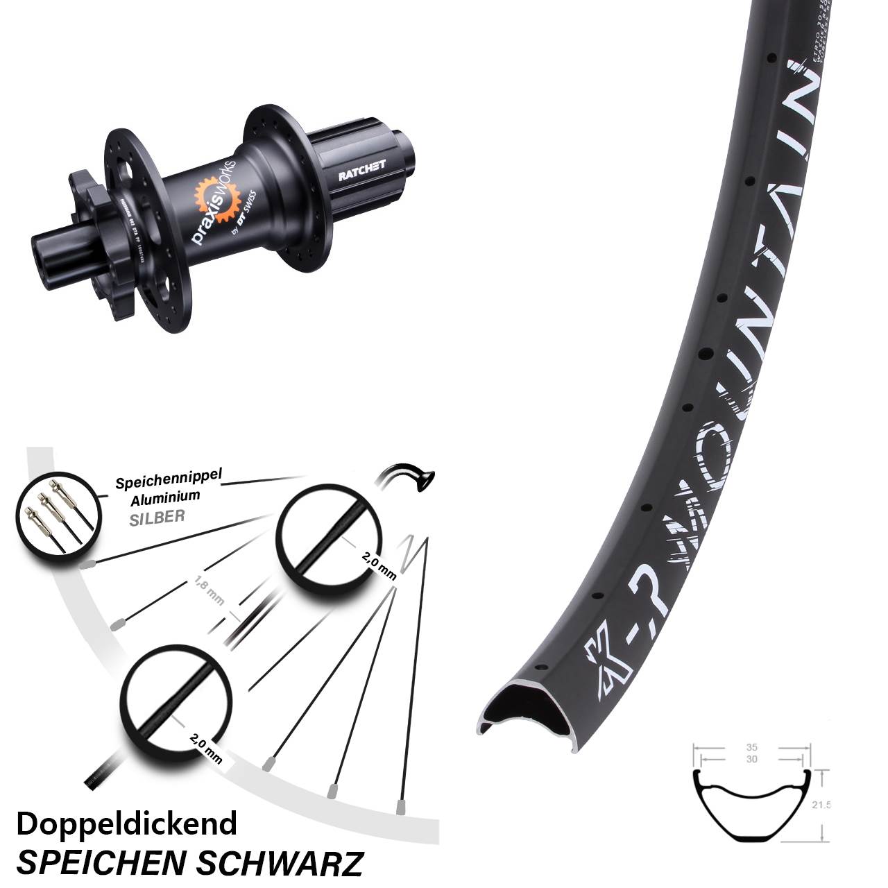 27,5 Zoll Hinterrad DT Swiss 350 SL Ratchet 36 KX-R Mountain 30-584 ETRTO MTB 11-fach