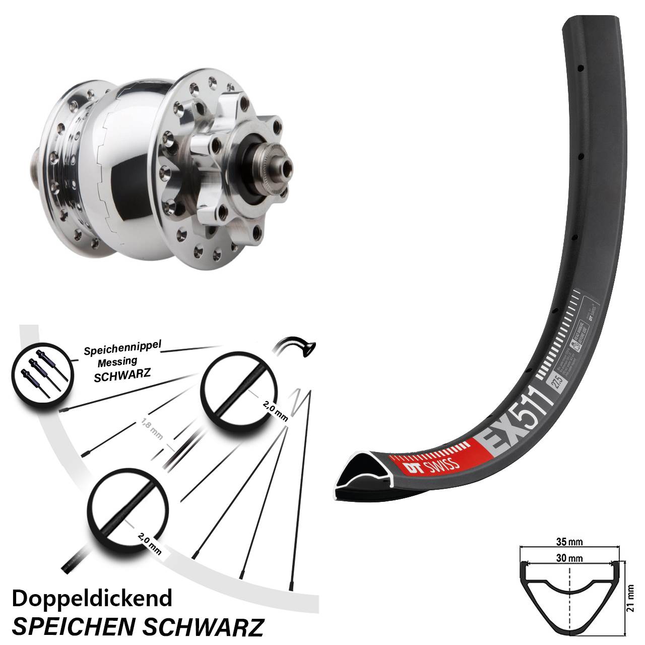 6-Loch Dynamo-Vorderrad 27,5 Zoll DT Swiss EX511 SON 28 QR